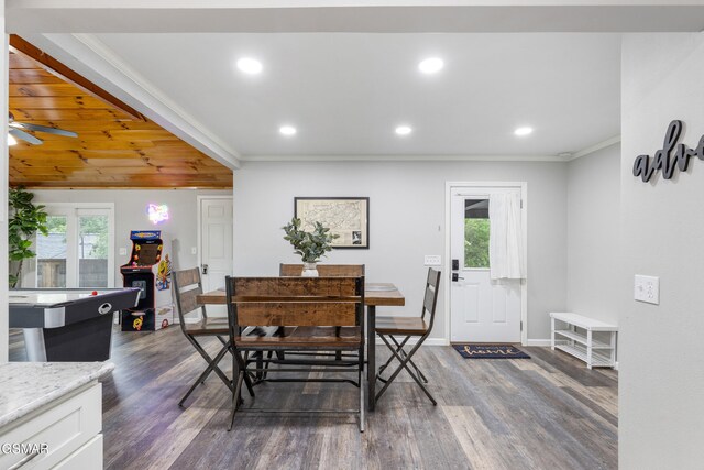 2887 Pine Haven Dr, Sevierville, TN 37862 - dining area with ornamental molding, dark wood-style floors, recessed lighting, baseboards, and a ceiling fan