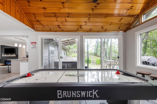 2887 Pine Haven Dr, Sevierville, TN 37862 - game room with lofted ceiling, wood ceiling, and wood finished floors