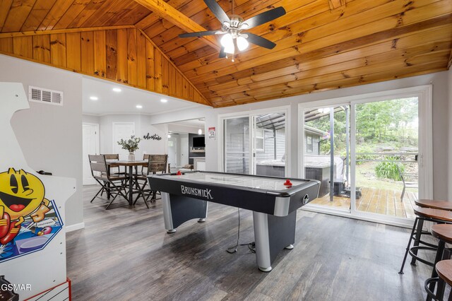 2887 Pine Haven Dr, Sevierville, TN 37862 - rec room with wood ceiling, wood finished floors, a ceiling fan, and high vaulted ceiling
