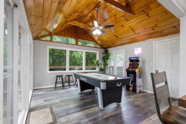 2887 Pine Haven Dr, Sevierville, TN 37862 - game room featuring wood ceiling, baseboards, vaulted ceiling, dark wood finished floors, and ceiling fan