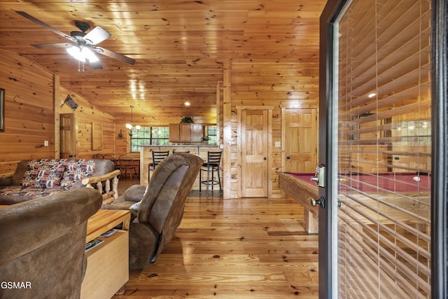 1830 Blue Tick Way, Sevierville, TN 37876 - living area with ceiling fan, light wood finished floors, wooden walls, wood ceiling, and vaulted ceiling