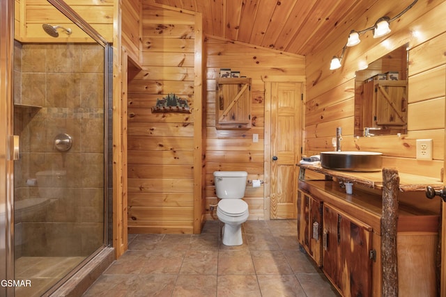 1830 Blue Tick Way, Sevierville, TN 37876 - full bath with vanity, lofted ceiling, a stall shower, wood walls, and wooden ceiling