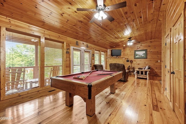 1830 Blue Tick Way, Sevierville, TN 37876 - playroom featuring pool table, wood walls, light wood finished floors, a ceiling fan, and wood ceiling