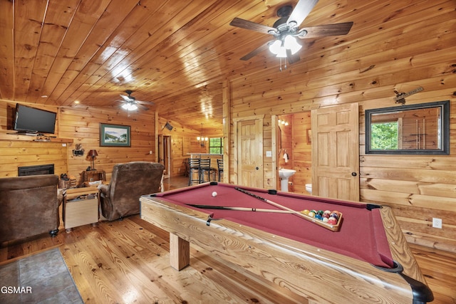 1830 Blue Tick Way, Sevierville, TN 37876 - game room with a ceiling fan, wooden walls, pool table, wood finished floors, and wooden ceiling