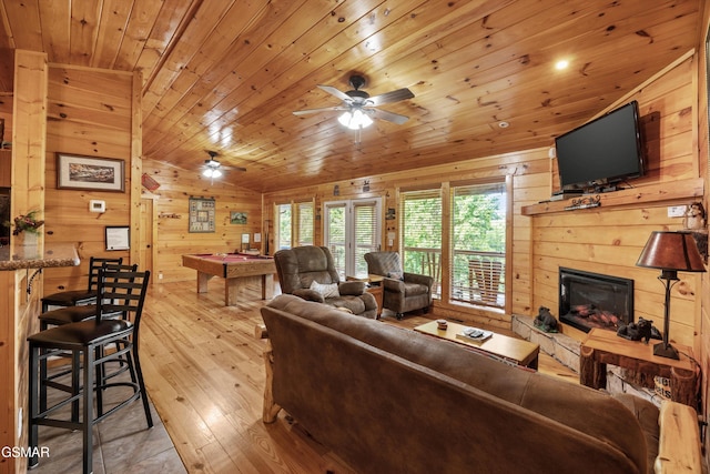 1830 Blue Tick Way, Sevierville, TN 37876 - living area with wooden walls, wood-type flooring, a ceiling fan, billiards, and wood ceiling