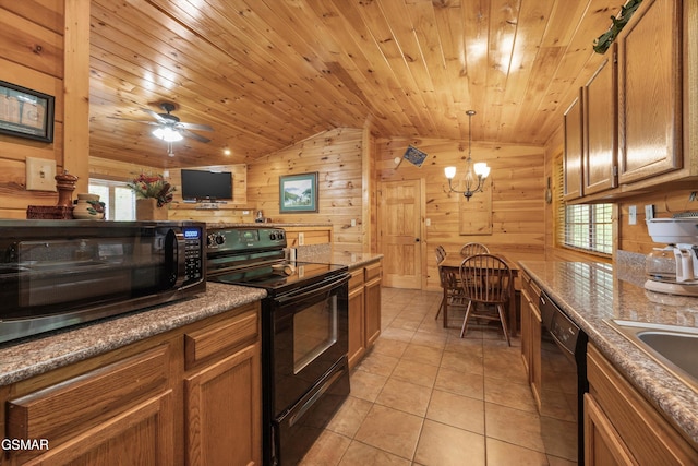 1830 Blue Tick Way, Sevierville, TN 37876 - kitchen featuring black appliances, lofted ceiling, wood ceiling, light tile patterned floors, and decorative light fixtures