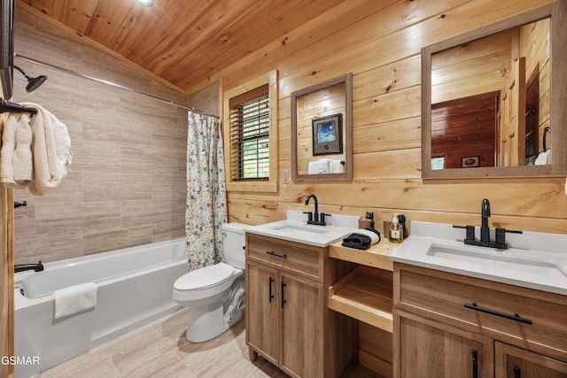 1830 Blue Tick Way, Sevierville, TN 37876 - full bathroom with double vanity, shower / tub combo with curtain, wood ceiling, vaulted ceiling, and wood walls