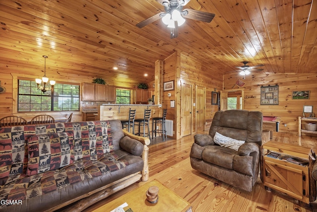 1830 Blue Tick Way, Sevierville, TN 37876 - living room featuring ceiling fan, wood walls, light wood finished floors, wooden ceiling, and lofted ceiling