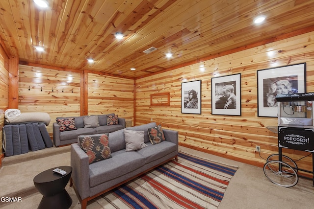 carpeted living room with wood ceiling