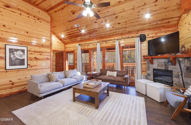 living room featuring wood walls, high vaulted ceiling, wooden ceiling, dark hardwood / wood-style floors, and a fireplace