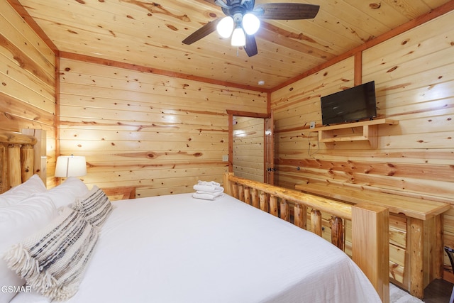 bedroom with wooden ceiling, ceiling fan, and wood walls