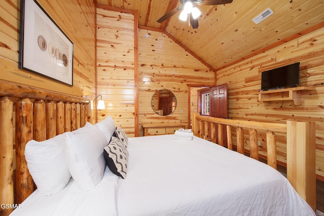 bedroom featuring lofted ceiling, wood ceiling, and wooden walls