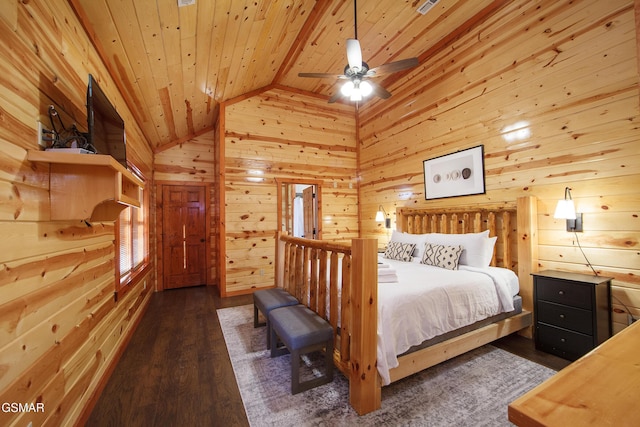 bedroom featuring wood ceiling, dark hardwood / wood-style floors, vaulted ceiling, and wood walls