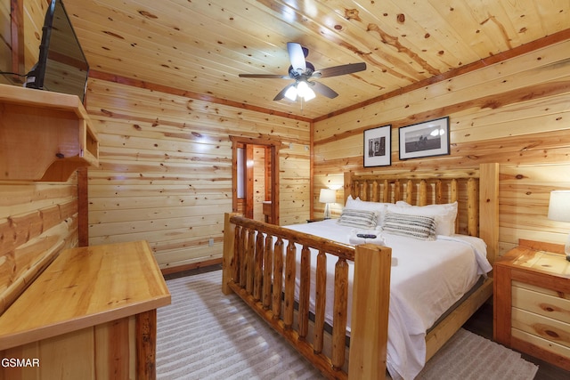 bedroom featuring wood ceiling and wood walls