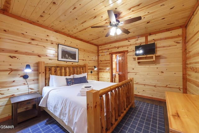 bedroom featuring wooden walls and wooden ceiling