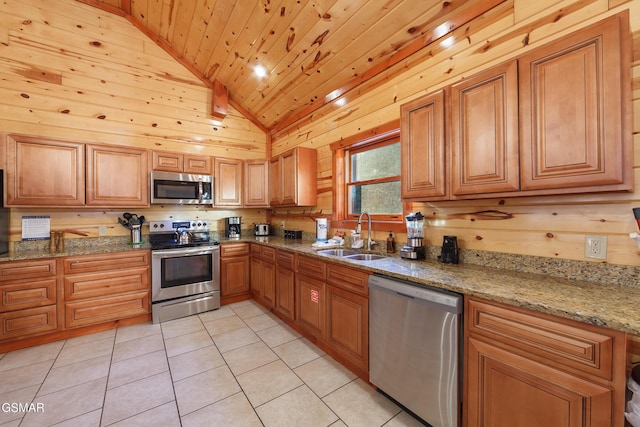 kitchen featuring sink, appliances with stainless steel finishes, light stone countertops, vaulted ceiling, and wooden ceiling