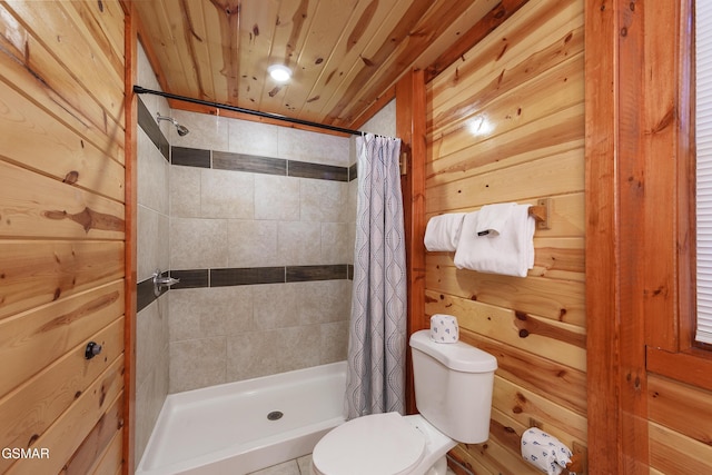 bathroom with wood ceiling, wooden walls, toilet, and a shower with shower curtain