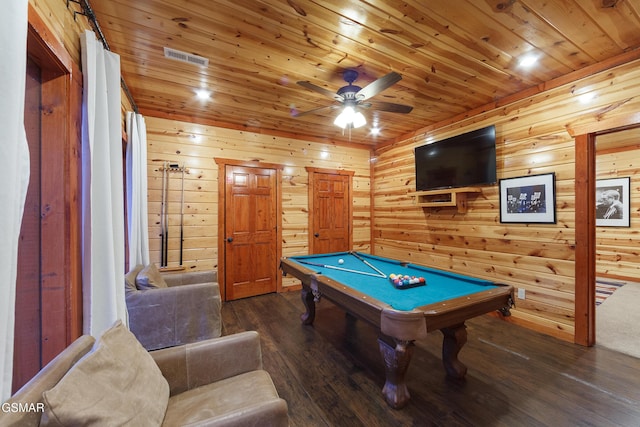 playroom featuring billiards, ceiling fan, dark hardwood / wood-style floors, wooden ceiling, and wood walls