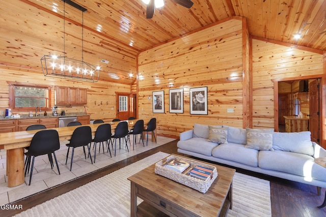 living room featuring high vaulted ceiling, sink, wood ceiling, and wood walls