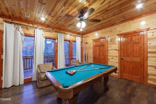 game room with ceiling fan, dark hardwood / wood-style floors, pool table, wooden ceiling, and wood walls