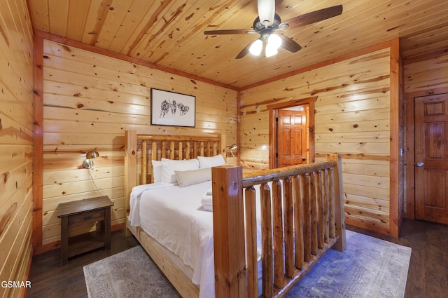 bedroom featuring wood ceiling, dark wood-type flooring, and wood walls