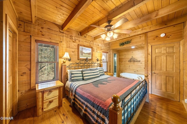 bedroom featuring ceiling fan, beam ceiling, wood-type flooring, wooden walls, and wood ceiling