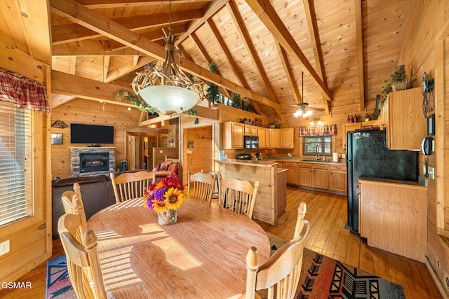 dining space featuring wood walls, beam ceiling, sink, light hardwood / wood-style flooring, and wood ceiling