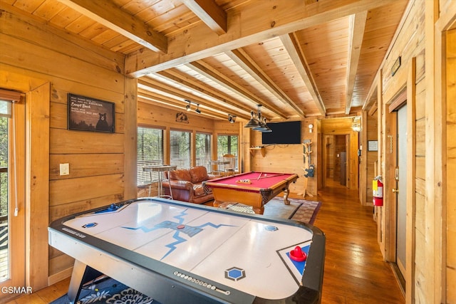 rec room with billiards, dark hardwood / wood-style floors, wood walls, beam ceiling, and wooden ceiling