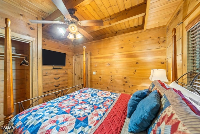 bedroom featuring ceiling fan, wood ceiling, wood walls, and beamed ceiling