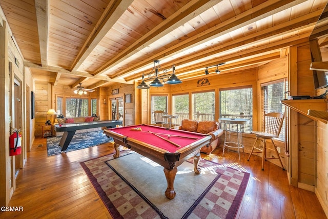 game room with ceiling fan, wooden ceiling, pool table, and wooden walls