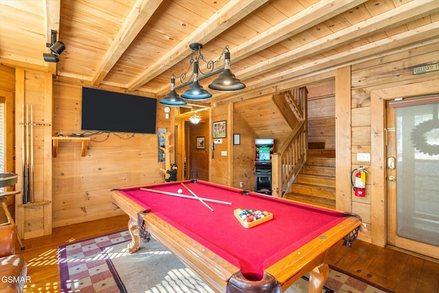 rec room with billiards, wood ceiling, and wooden walls