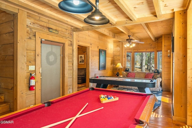 playroom with billiards, hardwood / wood-style floors, beamed ceiling, wooden walls, and wood ceiling