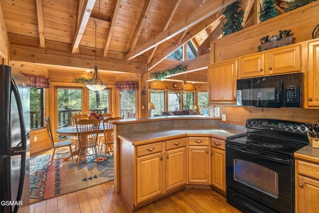 kitchen featuring wooden ceiling, black appliances, beam ceiling, and light wood-type flooring