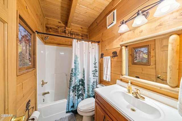 full bathroom with shower / bathtub combination with curtain, wood ceiling, vanity, wooden walls, and beam ceiling