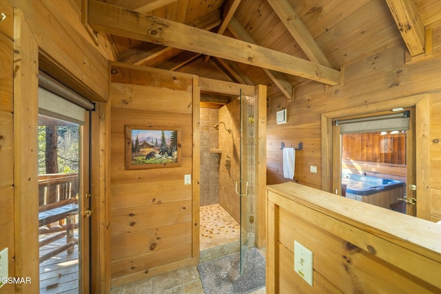 interior space with wood ceiling, wooden walls, and lofted ceiling with beams