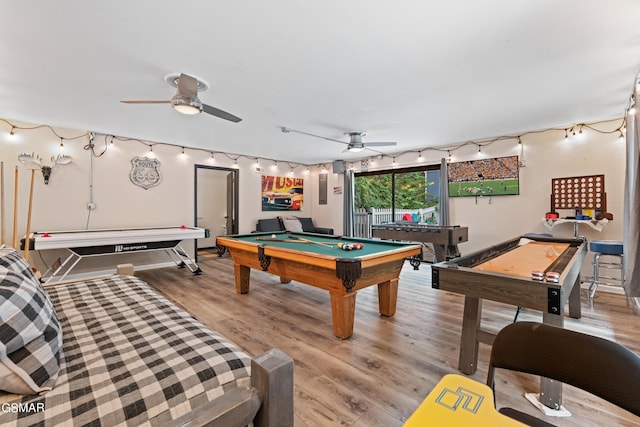 playroom with light hardwood / wood-style floors, ceiling fan, and billiards