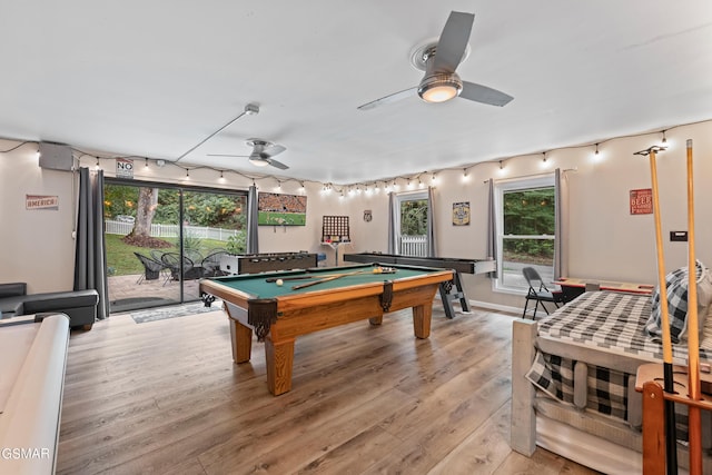 recreation room with ceiling fan, light wood-type flooring, and pool table