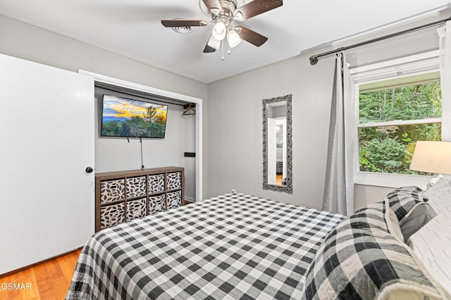 bedroom featuring ceiling fan and hardwood / wood-style floors