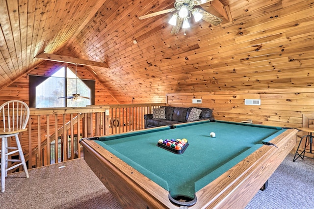 2539 Fleming Way, Sevierville, TN 37876 - recreation room with a ceiling fan, wood walls, lofted ceiling, billiards, and carpet flooring