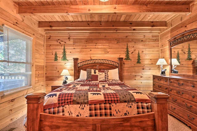 2539 Fleming Way, Sevierville, TN 37876 - bedroom with wood walls, wooden ceiling with exposed beams, and carpet