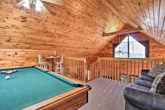 2539 Fleming Way, Sevierville, TN 37876 - game room featuring ceiling fan, wood walls, vaulted ceiling, billiards, and wooden ceiling