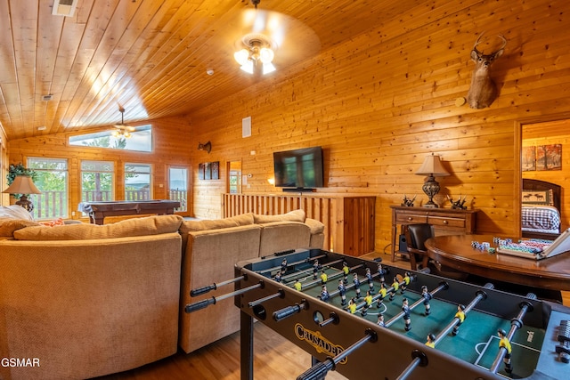 2031 Oakmont Dr, Sevierville, TN 37876 - game room with wood walls, wood ceiling, lofted ceiling, and wood finished floors