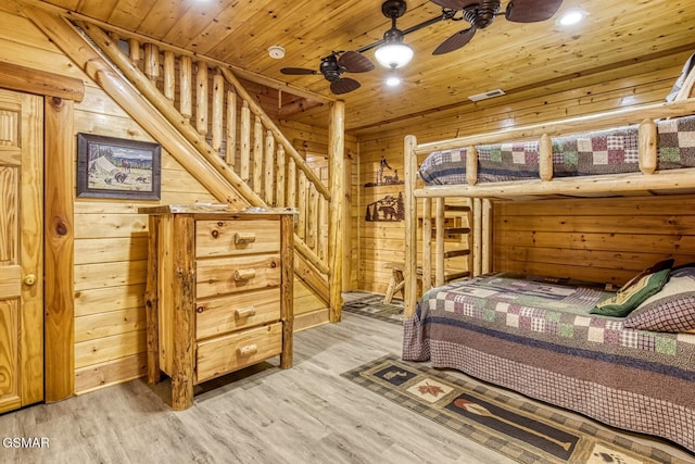 bedroom with wood ceiling, visible vents, light wood finished floors, and wooden walls