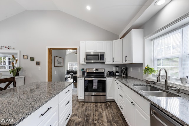 kitchen featuring stainless steel appliances, a sink, dark stone countertops, and dark wood-style floors