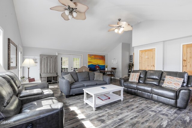 living area featuring french doors, wood finished floors, and a ceiling fan