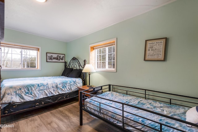 bedroom featuring multiple windows, crown molding, and wood finished floors