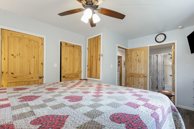 bedroom featuring connected bathroom and a ceiling fan