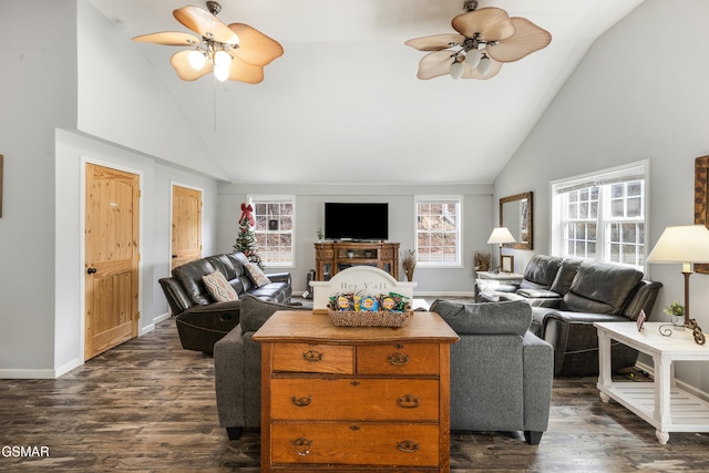 living room featuring a wealth of natural light, dark wood-style flooring, and ceiling fan