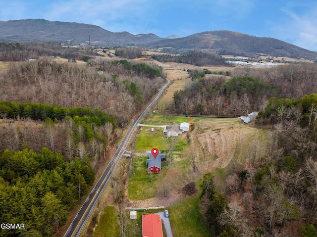 aerial view featuring a mountain view and a rural view