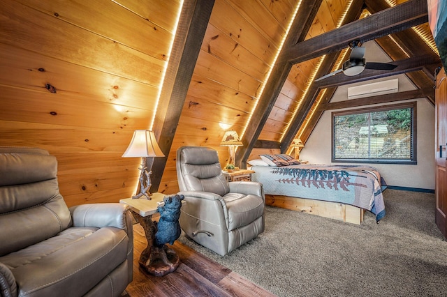 bedroom with lofted ceiling with beams, carpet floors, wood ceiling, and wood walls